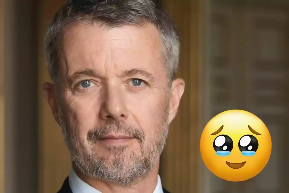Frederik of Denmark with a serious expression next to a face emoji with tears and sparkling eyes