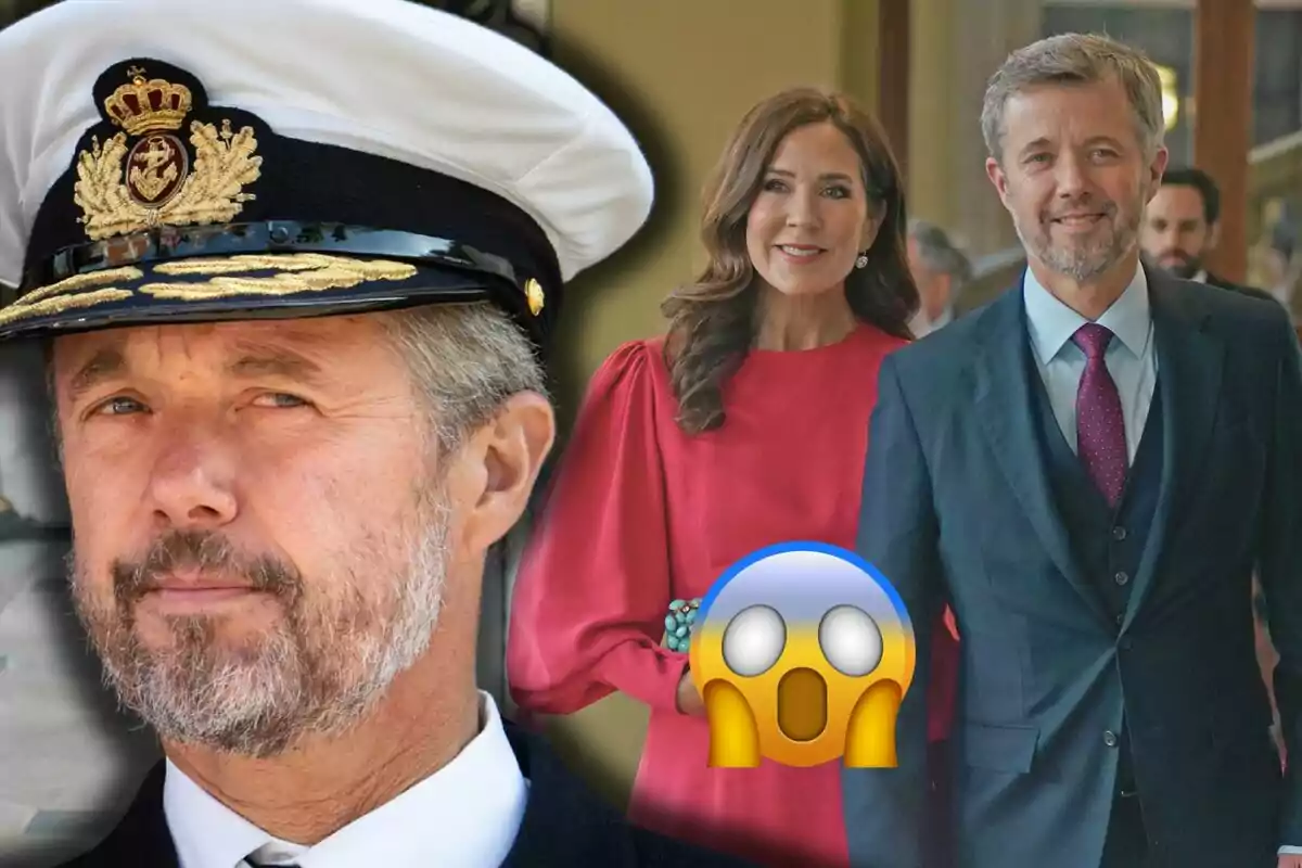 Frederik of Denmark in a captain's uniform and him with Mary elegantly dressed walking together, with a surprised emoji overlay.