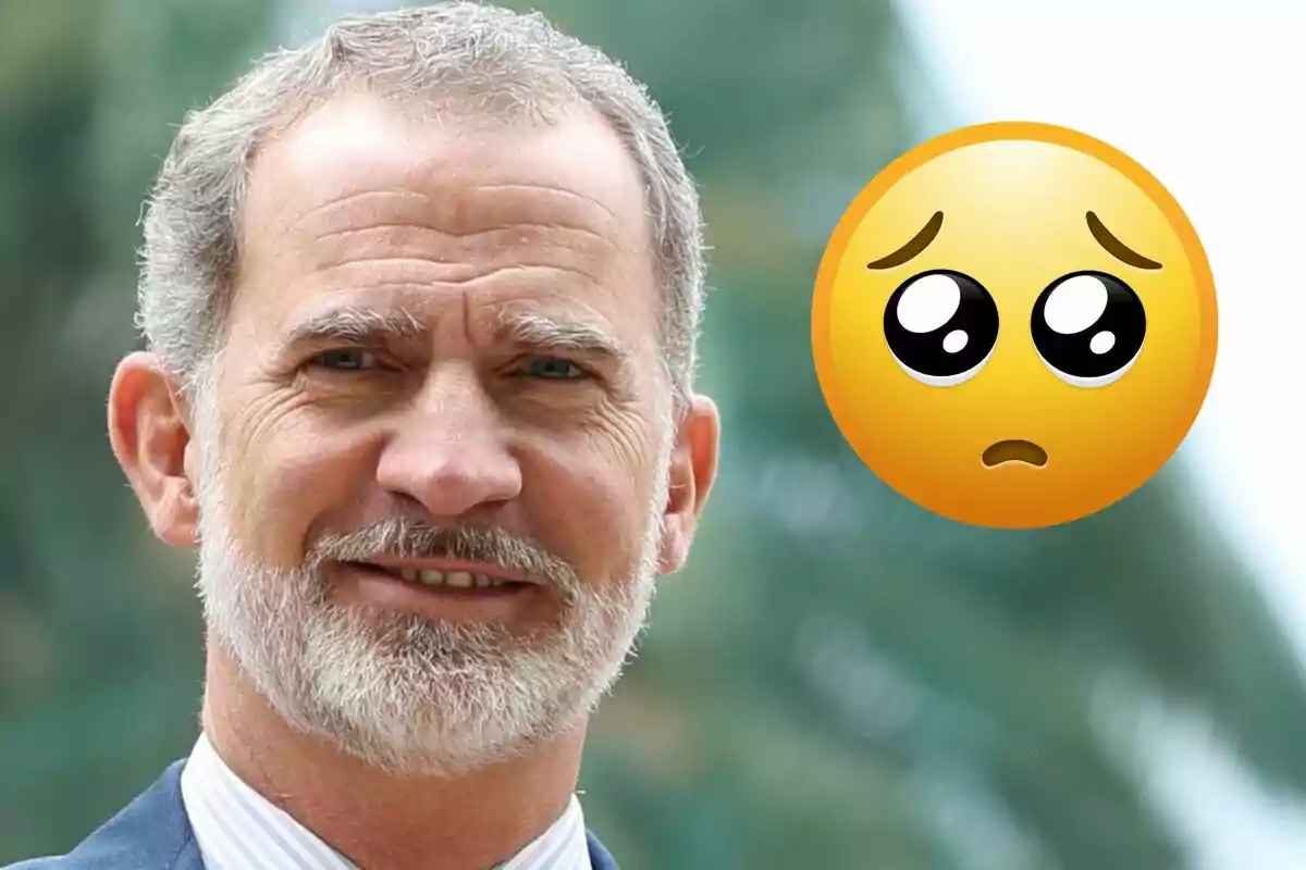 Felipe VI sonriente con un emoji de carita triste al lado