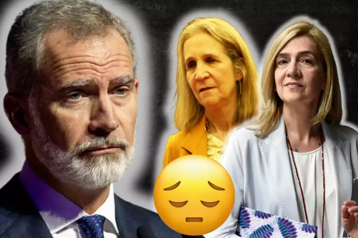 Felip VI i les infantes Elena i Cristina amb expressions serioses i un emoji de tristesa al centre de la imatge