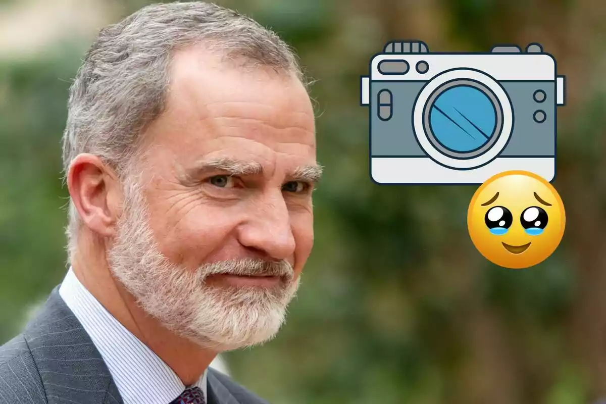 Felip VI amb vestit i corbata, al costat d’un dibuix de càmera fotogràfica i un emoji de carona amb ulls brillants