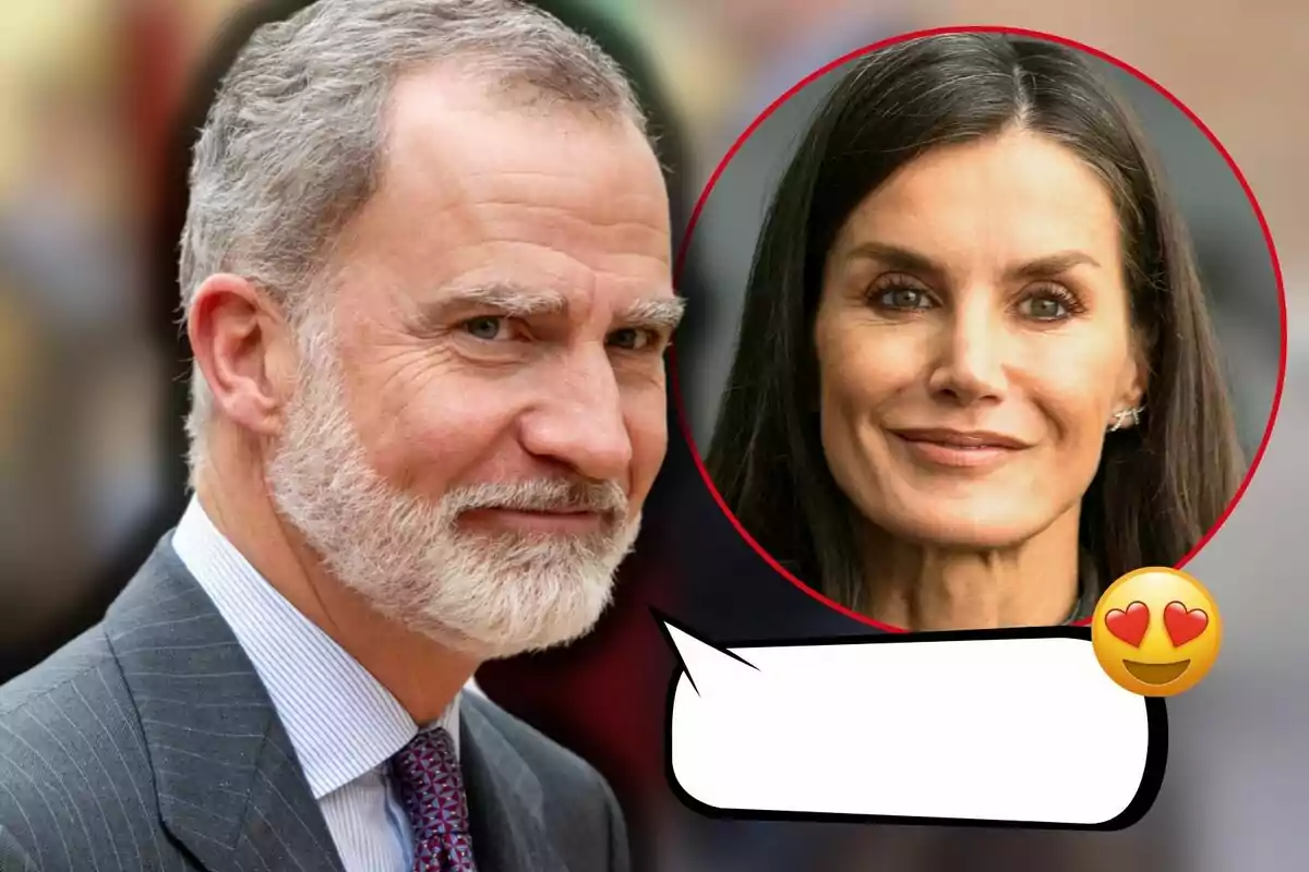 Felip VI somriu mentre una imatge circular de la reina Letícia apareix al seu costat amb un emoji de cors.