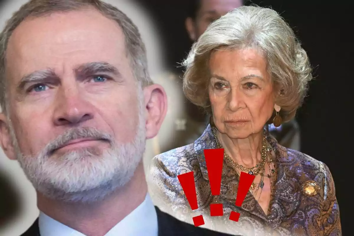 Felip VI amb expressió seriosa i la reina Sofia amb gest seriós, acompanyada de signes d’exclamació vermells.