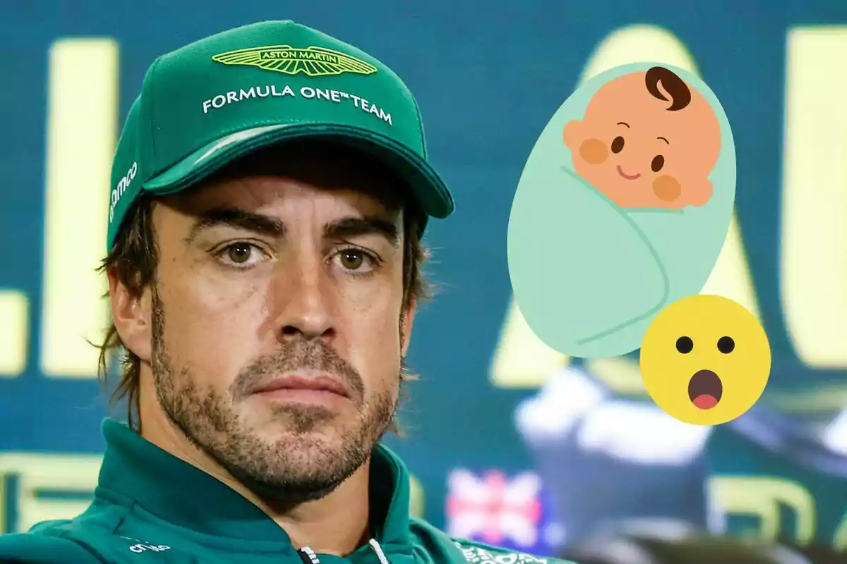 Fernando Alonso wearing a green Aston Martin cap next to a drawing of a swaddled baby and a surprised emoji