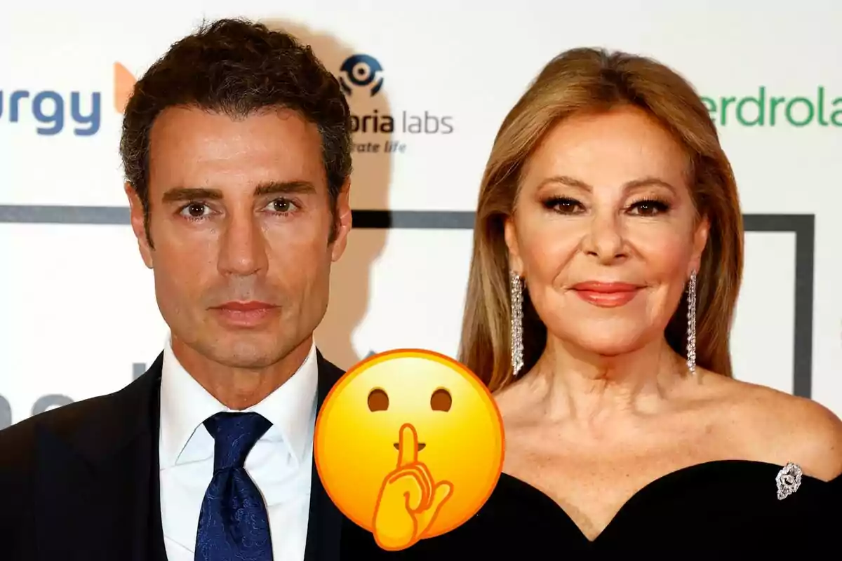 Finito de Córdoba i Ana Obregónn posant en un esdeveniment amb un emoji de silenci sobreposat al centre.