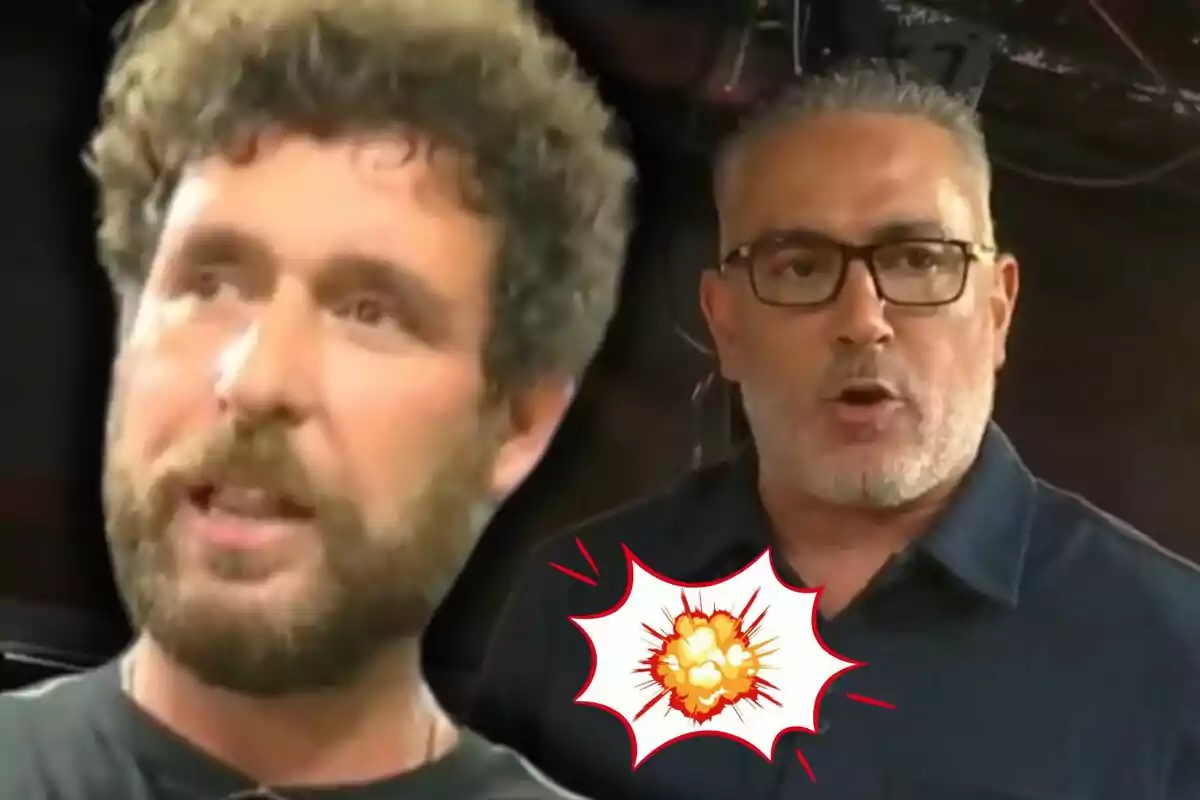 Fran Antón i Kiko Hernández discuteixen intensament i al centre hi ha un dibuix d’explosió que representa un conflicte o un enfrontament verbal.