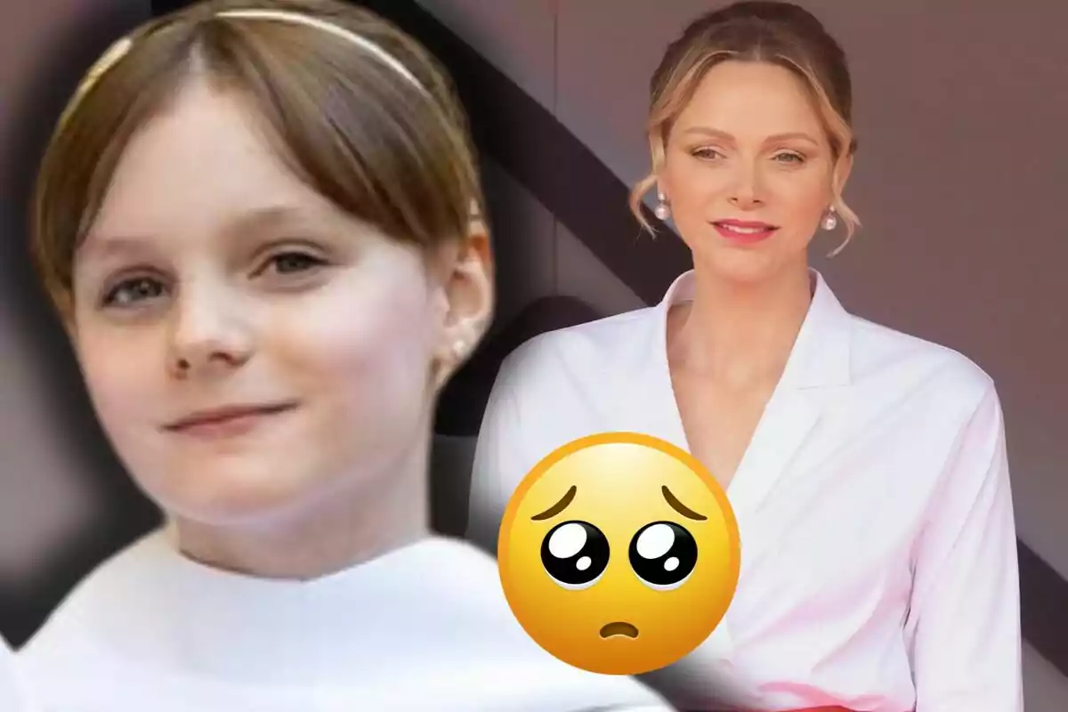 Gabriella and Charlene dressed in white with a sad face emoji in the center of the image
