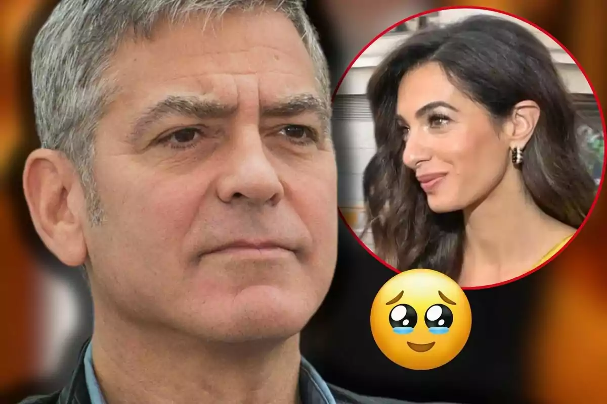 George Clooney looks ahead with a serious expression while Amal Clooney appears smiling in a red circle and an emoji with shining eyes and tears.