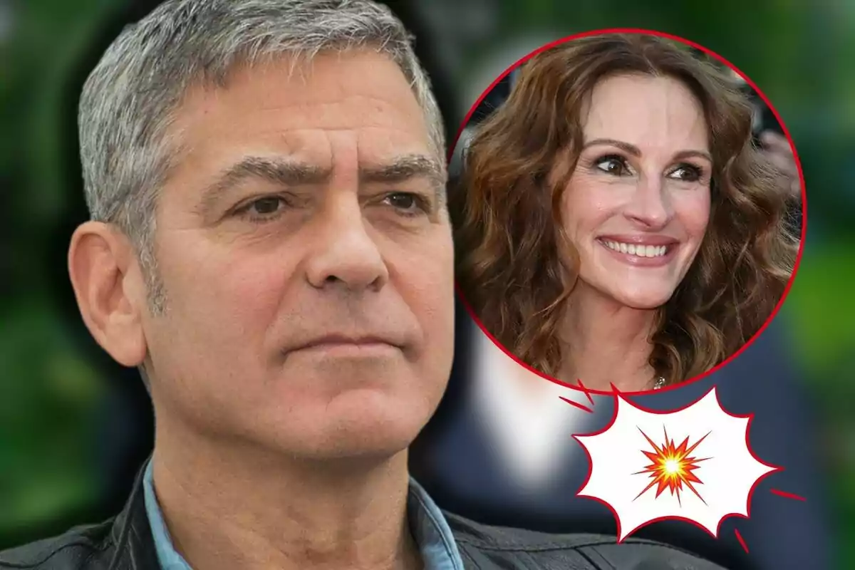 George Clooney amb expressió seriosa i una imatge circular de Julia Roberts somrient amb cabell arrissat a la cantonada superior dreta.