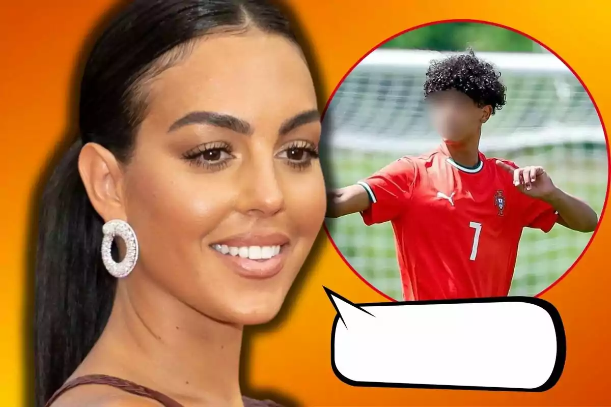 Georgina Rodríguez somrient amb arracades grans i un fons taronja, al costat d'un requadre que mostra Cristiano Ronaldo Jr amb samarreta vermella de futbol i un globus de diàleg buit.