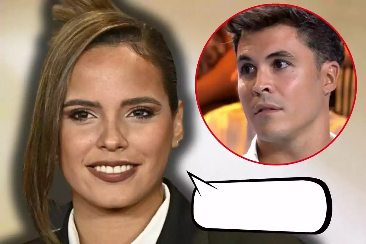 Gloria Camila somrient amb cabell castany i Kiko Jiménez en un cercle vermell a la cantonada superior dreta, amb un globus de diàleg buit a la part inferior.