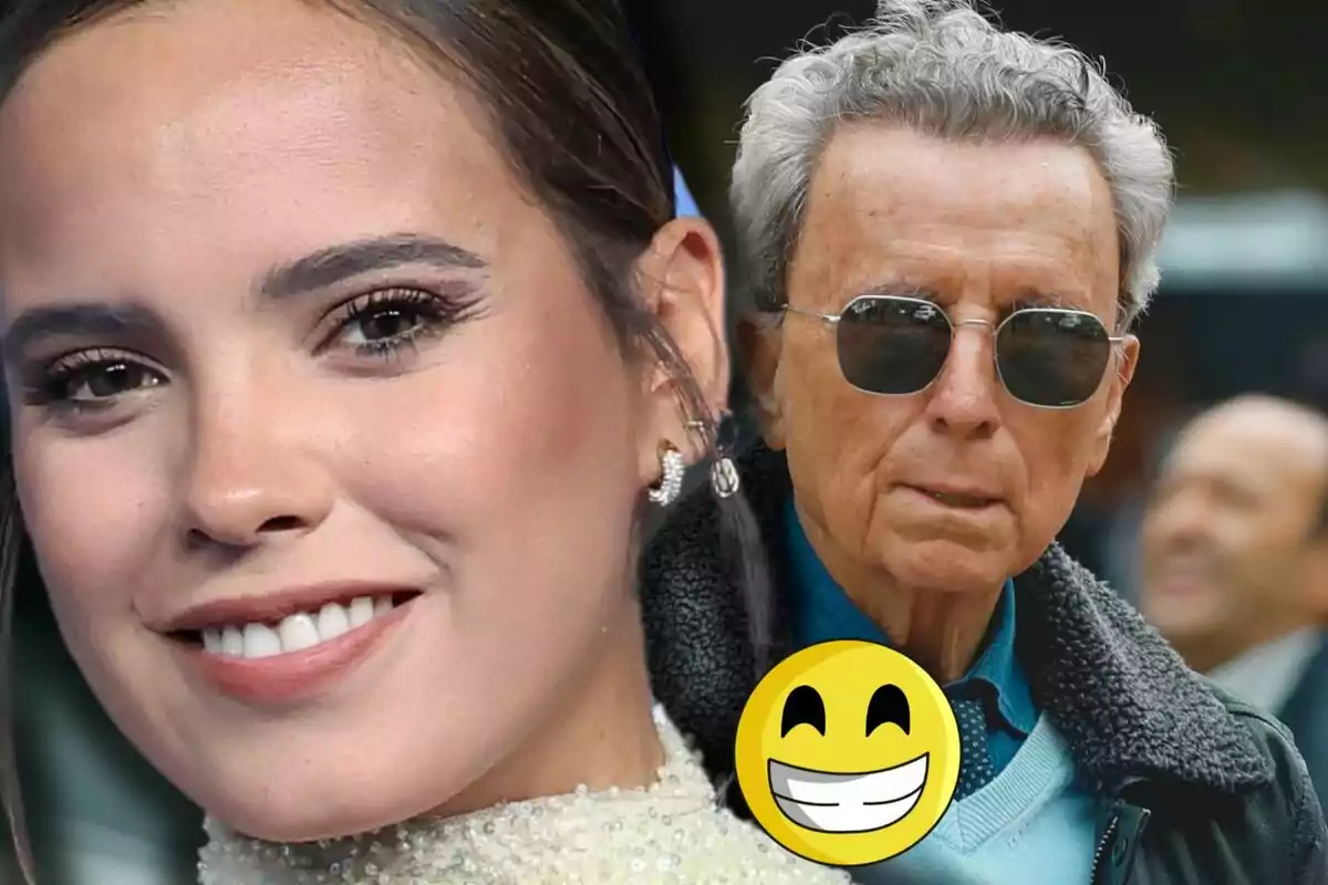 Gloria Camila somrient en primer pla al costat d'Ortega Cano amb ulleres de sol i un emoji somrient superposat.