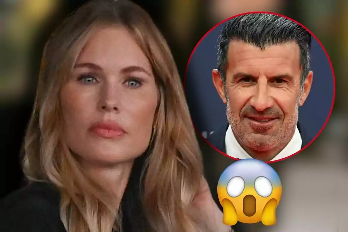 Helen Svedin en primer pla amb un cercle vermell que conté la imatge de Luís Figo amb una expressió de sorpresa representada per un emoji.