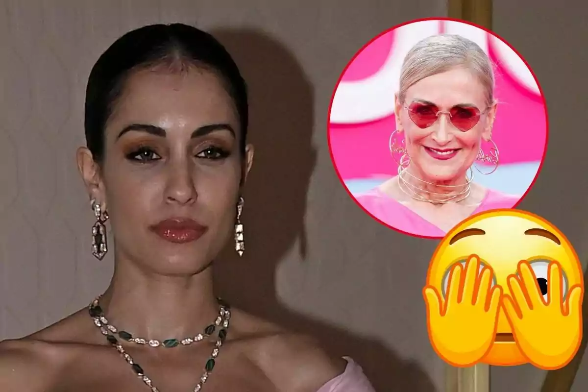 Hiba Abouk amb joies elegants i un pentinat recollit, amb una imatge inserida de Cristina Cifuentes amb ulleres de sol i un emoji de cara sorpresa cobrint-se els ulls.