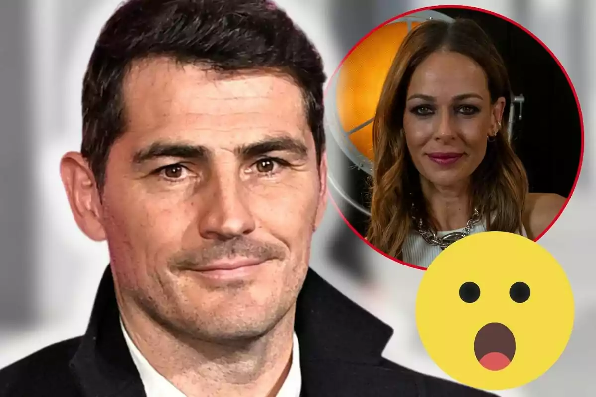 Íker Casillas amb cabell fosc i una expressió neutral en primer pla amb un cercle vermell que conté Eva González de cabell castany i un emoji de sorpresa a la cantonada inferior dreta.