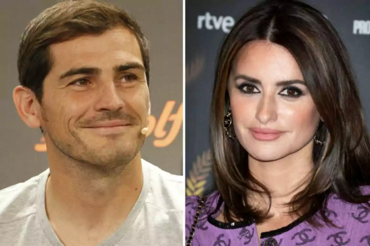 Iker Casillas smiling in a gray jersey on the left and Penélope Cruz with elegant makeup on the right Iker Casillas smiling in a gray jersey on the left and Penélope Cruz with elegant makeup on the right