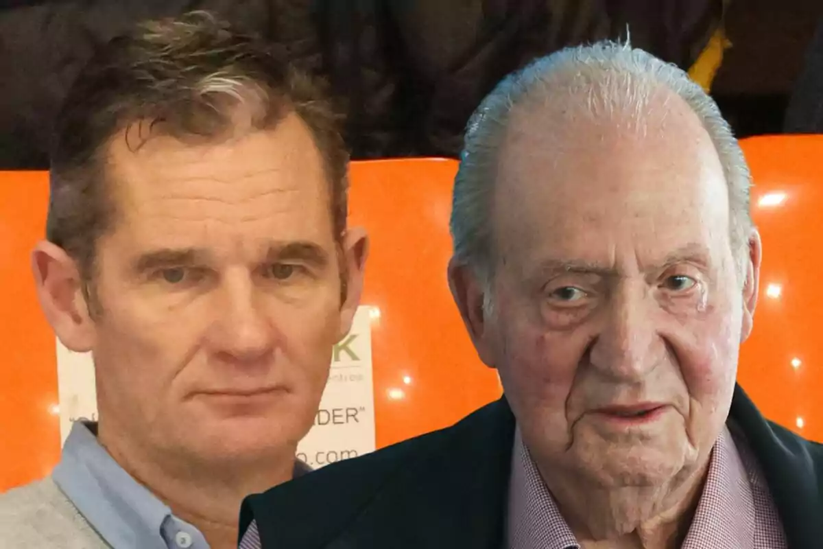 Iñaki Urdangarin i Juan Carlos I, Iñaki amb cabell canós i Juan Carlos amb cabell gris, asseguts davant d'un fons taronja. Iñaki Urdangarin i Juan Carlos I, Iñaki amb cabell canós i Juan Carlos amb cabell gris, asseguts davant d'un fons taronja.