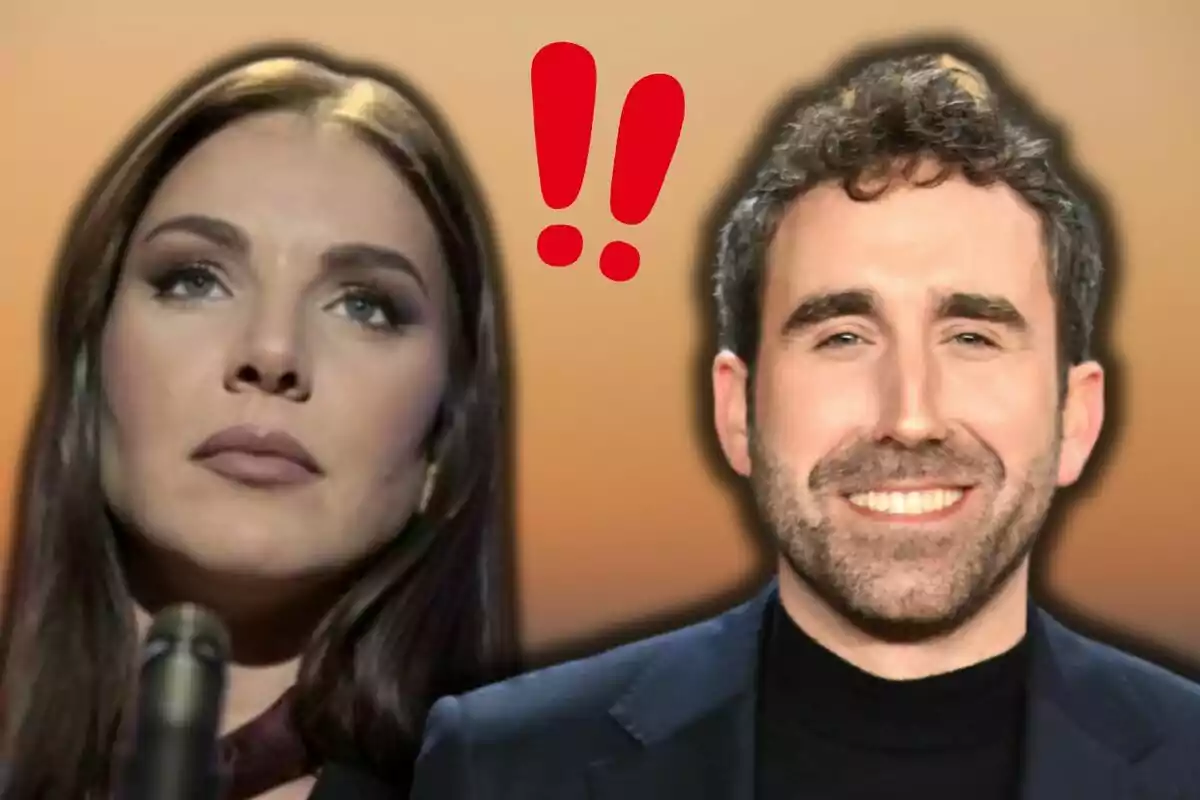 Inés Hernand i Aitor Albizua amb expressions contrastants, una seriosa i l'altra somrient, amb signes d'exclamació vermells al centre sobre un fons degradat.