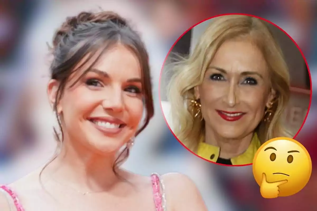 Inés Hernand i Cristina Cifuentes somrients, una en primer pla i una altra en un cercle superposat amb un emoji pensatiu.