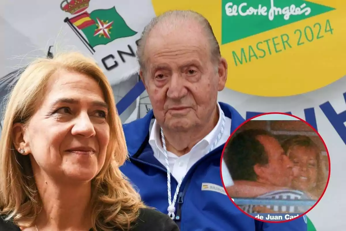 La infanta Cristina i Joan Carles I posen davant una bandera i un cartell publicitari, amb una imatge circular inserida a la cantonada inferior dreta mostrant dues persones abraçant-se.