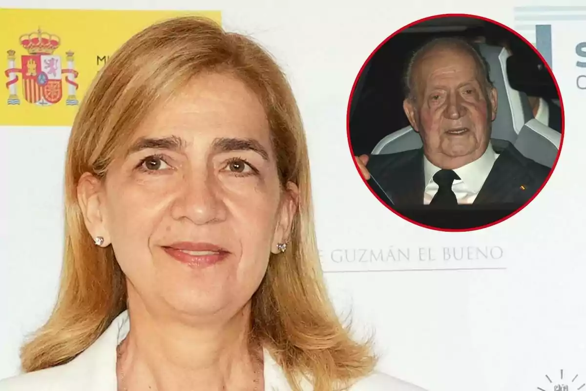 La infanta Cristina somriu davant d'una paret blanca amb un escut d'Espanya al fons i Joan Carles I en un cercle vermell a la cantonada superior dreta.