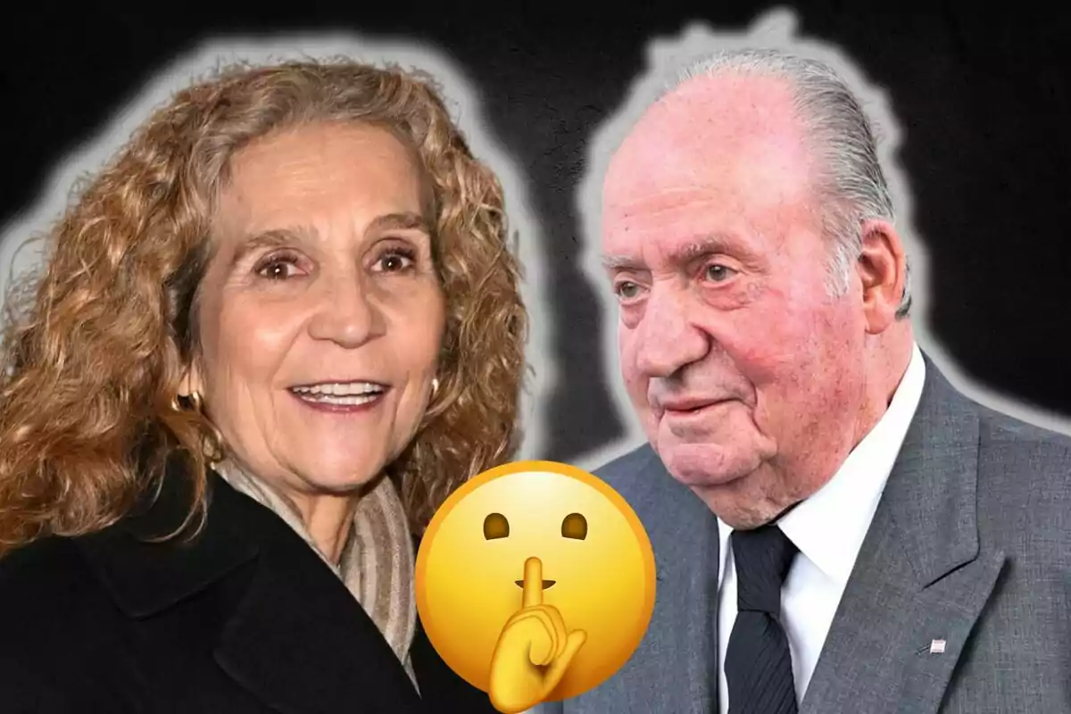 La infanta Elena i Joan Carles I somriuen mentre un emoji de silenci està superposat al centre de la imatge.
