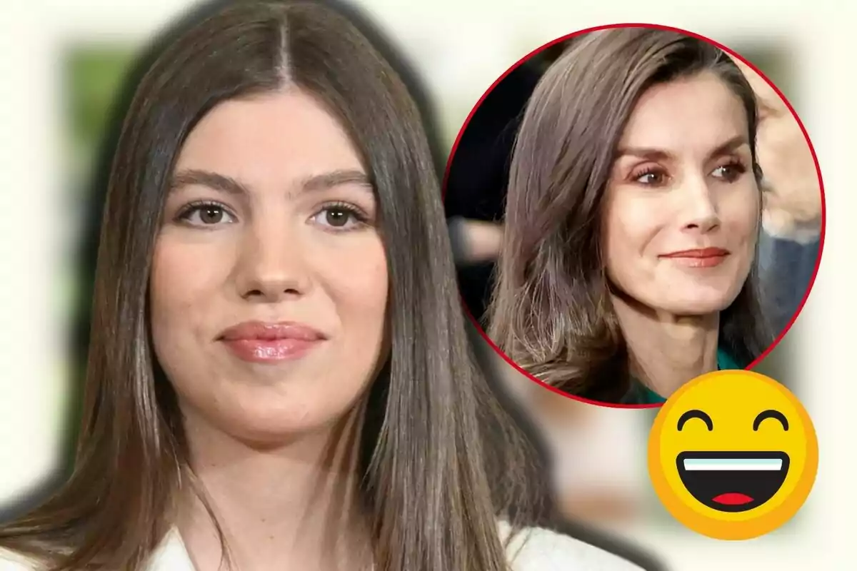 La infanta Sofia apareix en primer pla, mentre que en un cercle vermell al fons es veu la reina Letícia somrient; hi ha un emoji de cara somrient a la cantonada inferior dreta.