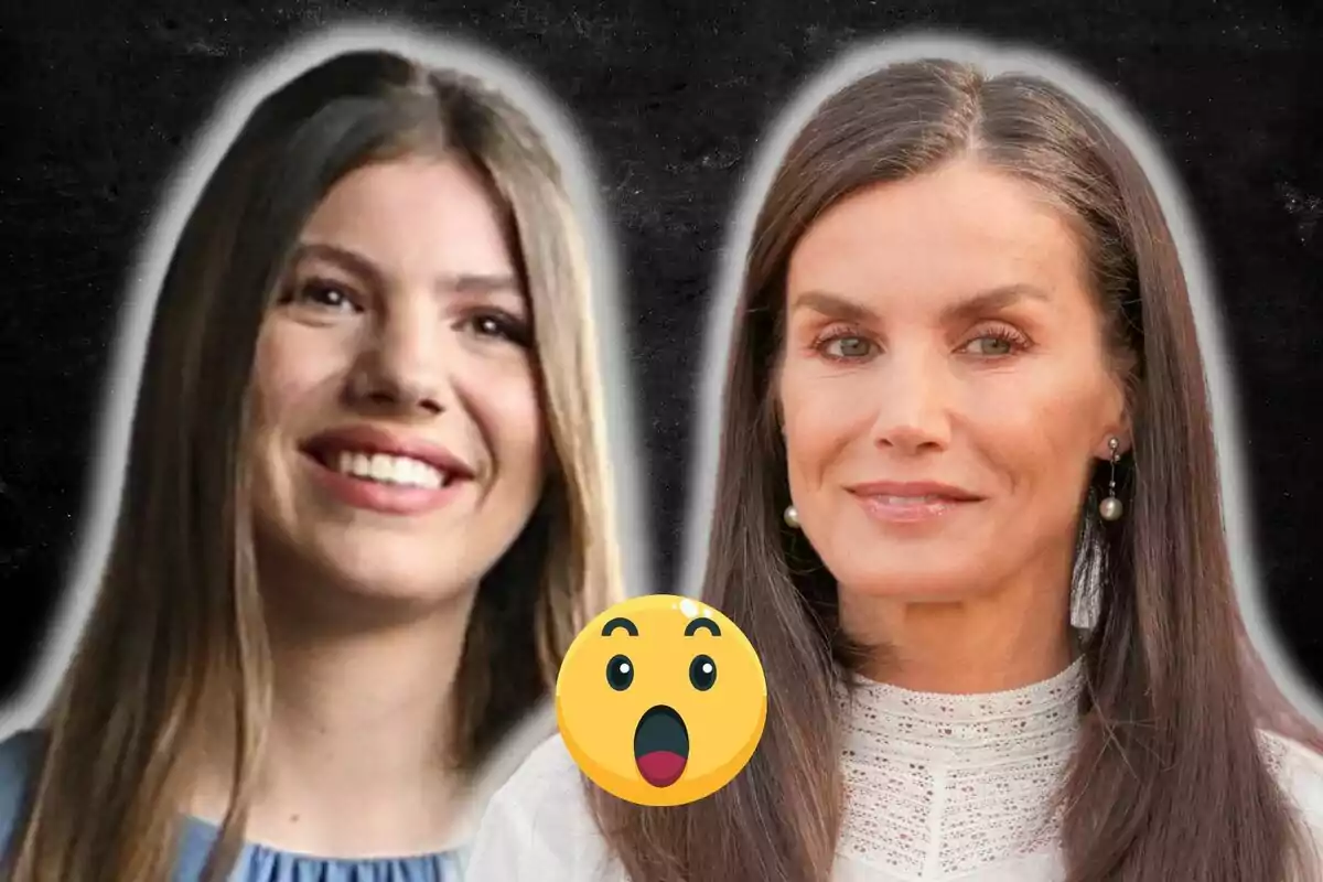Infanta Sofía and Queen Letizia look straight ahead with a smiling expression, while a surprised emoji appears in the center of the image against a dark background.