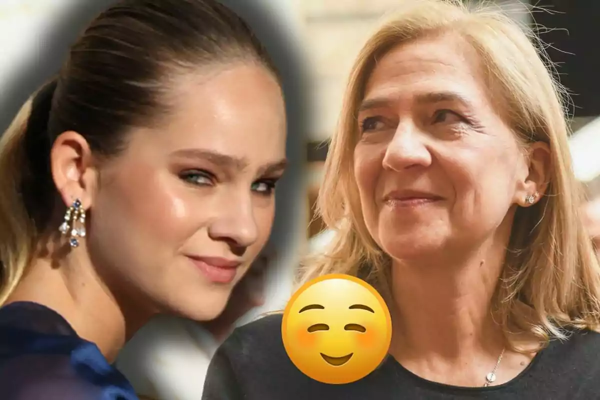 Irene Urdangarin i la infanta Cristina mirant en direccions oposades amb un emoji somrient superposat al centre.