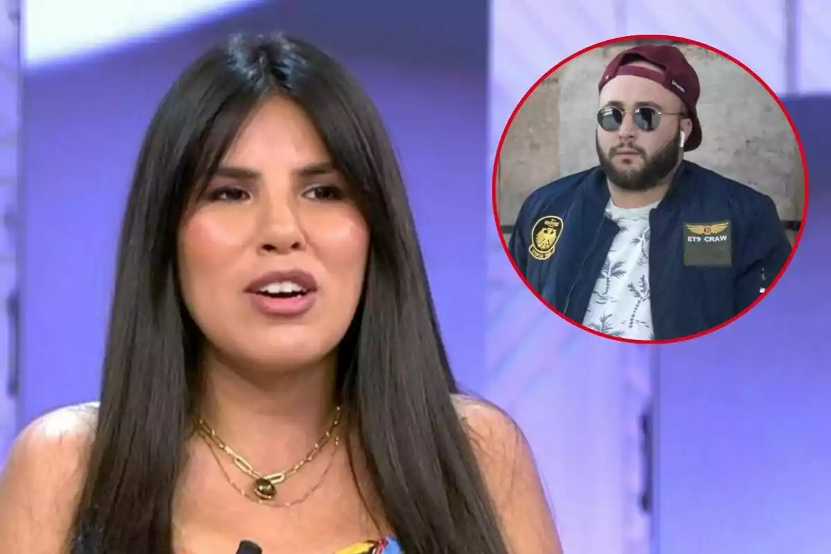 Isa Pantoja de cabell llarg i fosc parla en un programa de televisió, mentre que en un cercle vermell es mostra la imatge de Kiko Rivera amb ulleres de sol, gorra i jaqueta.