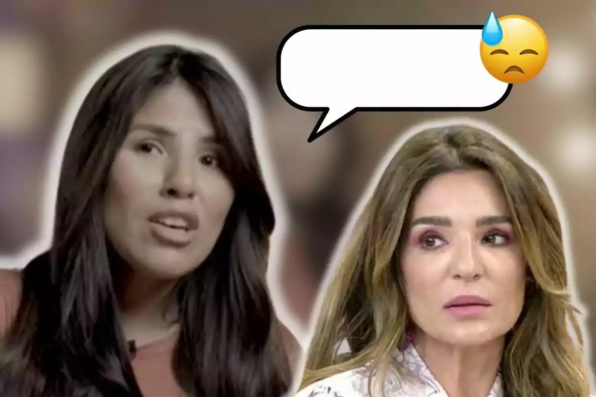 Isa Pantoja i Raquel Bollo en una conversa amb un globus de diàleg buit i un emoji de cara preocupada.