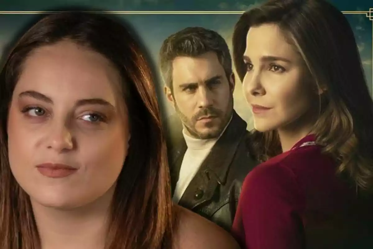 Isabel Bernal en primer pla mira cap a un costat mentre al fons es veuen dues persones, un home i una dona, que semblen estar en una escena dramàtica.