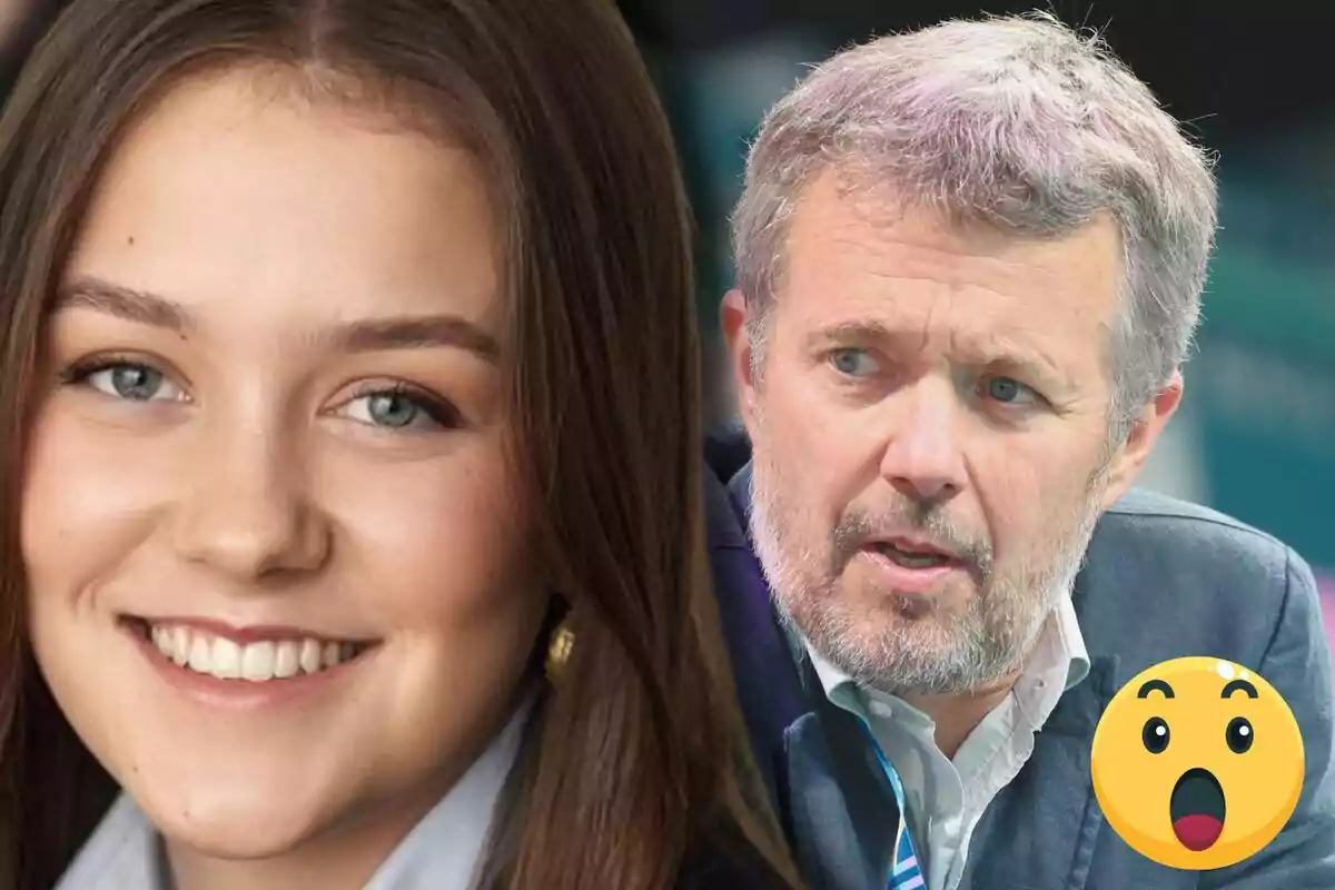 Isabel de Dinamarca sonriente junto a Federico de Dinamarca con expresión seria y un emoji sorprendido en la esquina.