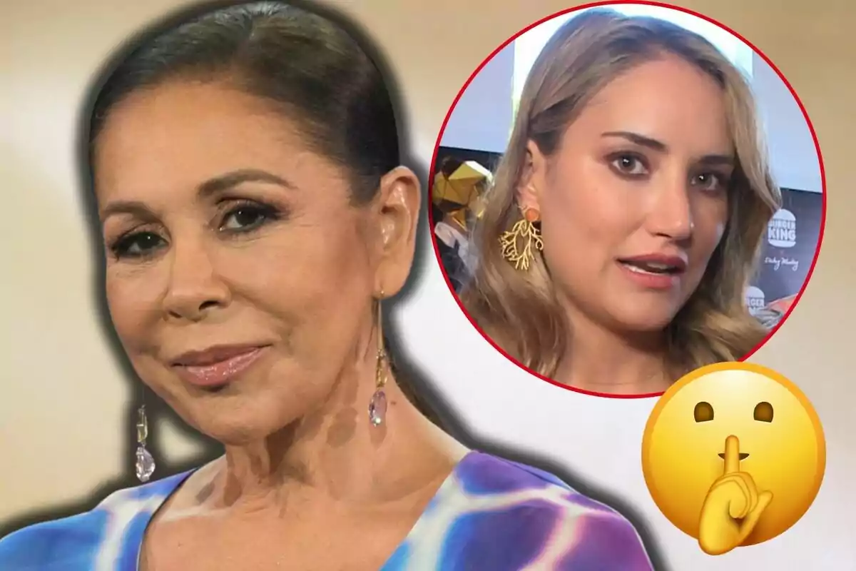 Isabel Pantoja amb arracades llargues apareix en primer pla, mentre que en un cercle vermell es mostra Alba Carrillo amb arracades daurades, al costat d'un emoji de silenci.