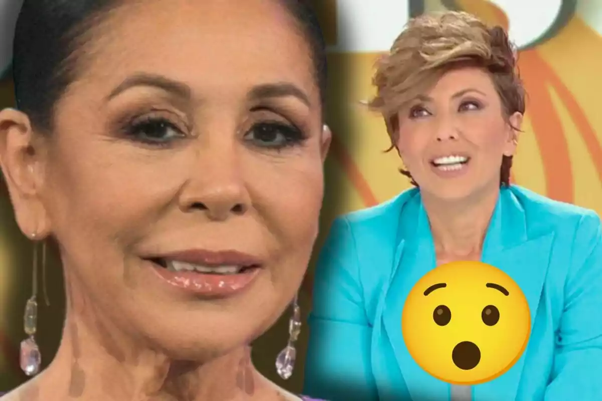 Isabel Pantoja i Sonsoles Ónega en un programa de televisió amb un emoji sorprès en primer pla.