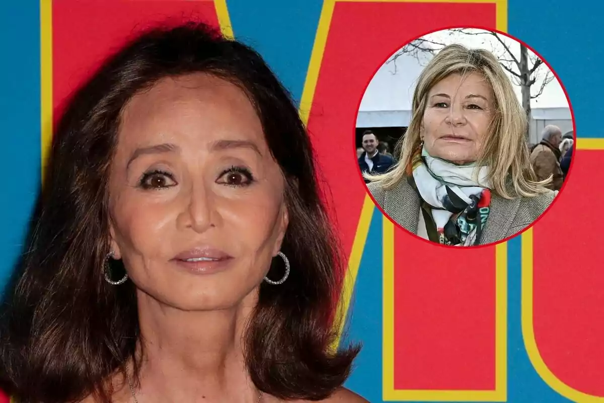 Isabel Preysler i Cari Lapique en una imatge, una en primer pla amb fons colorit i una altra en un requadre circular amb fons exterior.