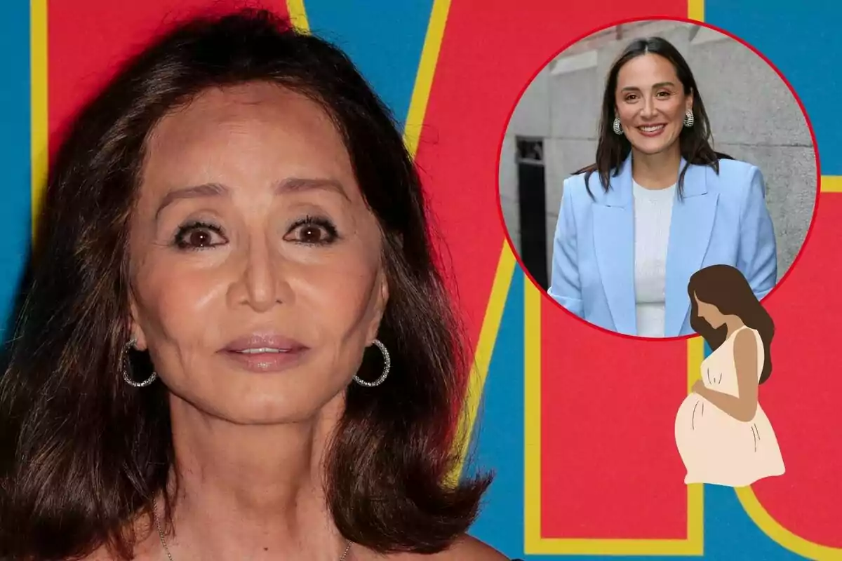 Isabel Preysler amb cabell fosc i pendents de cèrcol posa davant d'un fons colorit. A la cantonada superior dreta de la imatge, hi ha un cercle que conté la foto de Tamara Falcó somrient, vestida amb un blazer blau clar. Sota aquesta foto hi ha una il·lustració d'una dona embarassada.