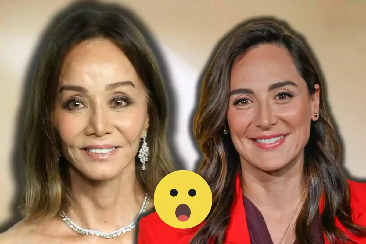 Isabel Preysler i Tamara Falcó somrients, una de més gran i l’altra més jove, amb un emoji de cara sorpresa al centre