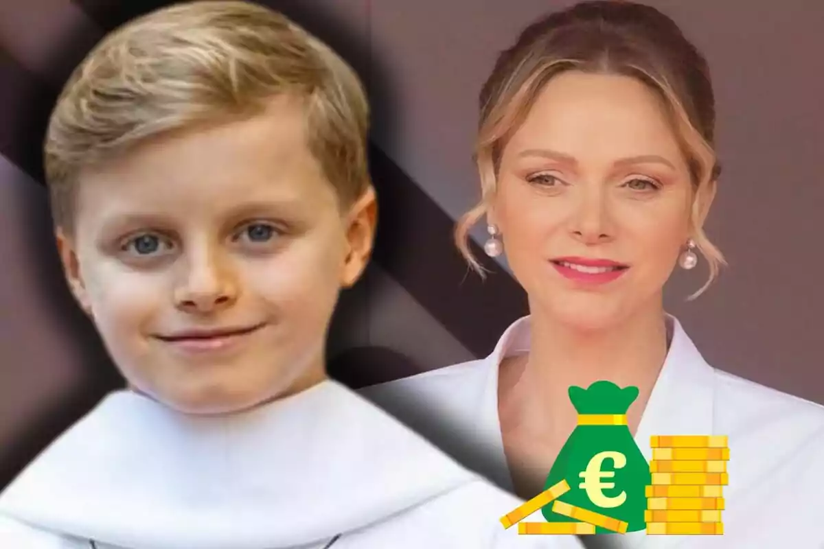 Jacques of Monaco and Charlene pose together, both with serene expressions, while a money graphic appears at the bottom of the image.