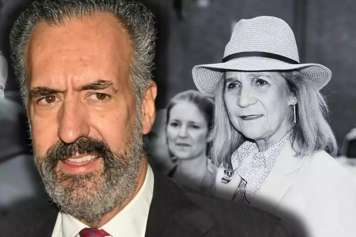 Primer pla de Jaime de Marichalar amb vestit en color, amb el rostre de la infanta Elena amb barret en blanc i negre al fons