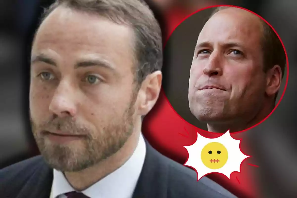 James Middleton apareix en primer pla mentre que en un cercle vermell es mostra el príncep Guillem amb expressió seriosa i un emoji de cara amb boca tancada.