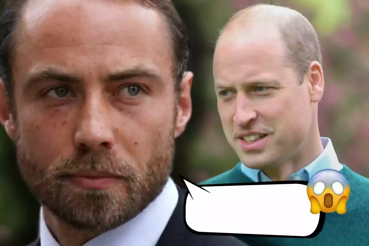 Primer pla de James Middleton amb expressió seriosa, al fons el príncep Guillem amb gest de sorpresa i un globus de diàleg buit amb un emoji de cara espantada