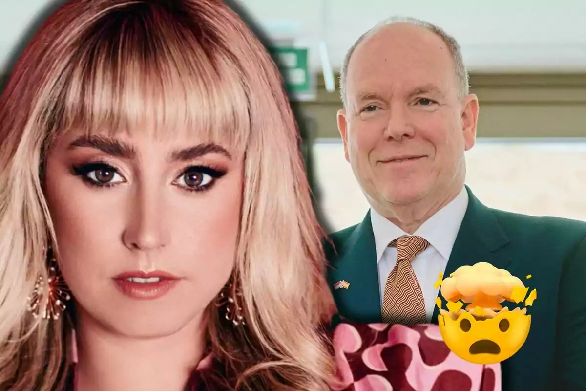 Jazmin Grimaldi al costat d'Albert de Mònaco amb vestit, amb un emoji de cap explotant superposat.