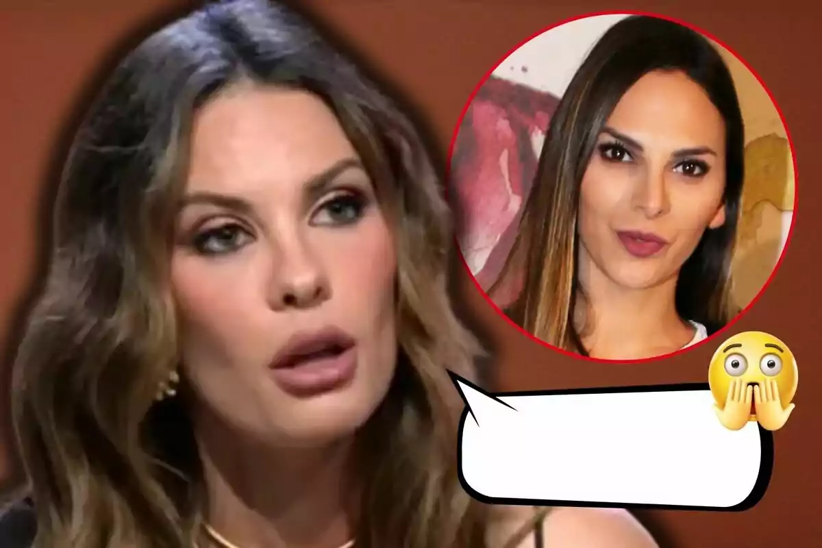 Jessica Bueno amb expressió seriosa apareix en primer pla, mentre que en un cercle vermell es mostra a Irene Rosales amb expressió neutral; hi ha un quadre de diàleg buit i un emoji sorprès.