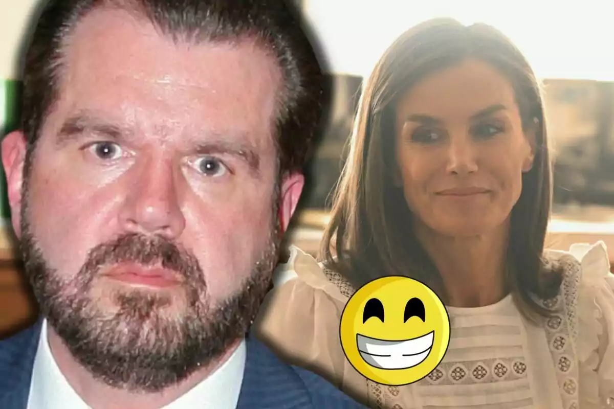 Jesús Ortiz i la reina Letícia somrient al fons amb un emoji somrient superposat.