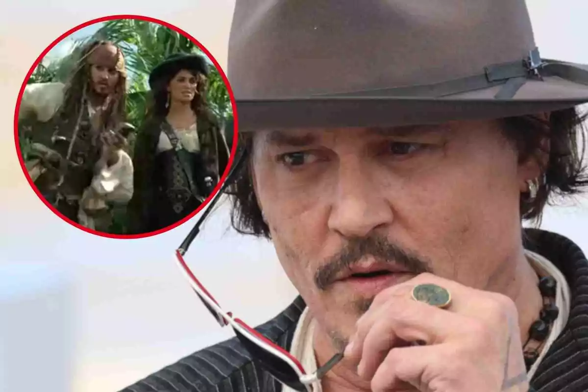 Johnny Depp amb barret i ulleres a la mà, amb un cercle que mostra una escena de  'Pirates del Carib' amb Penélope Cruz en un entorn selvàtic.