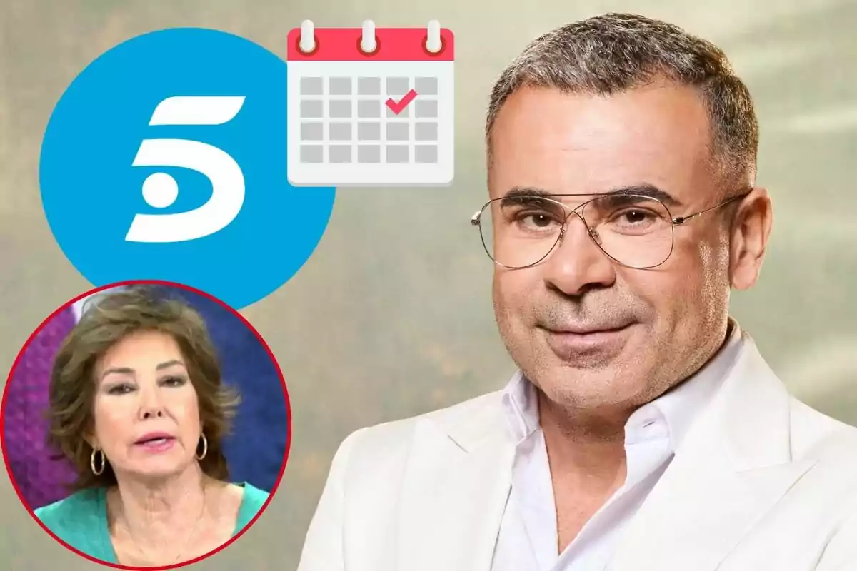 Muntatge d'un primer pla de Jorge Javier Vázquez somrient en vestit blanc, Ana Rosa Quintana parlant, el logotip de Telecinco i un calendari