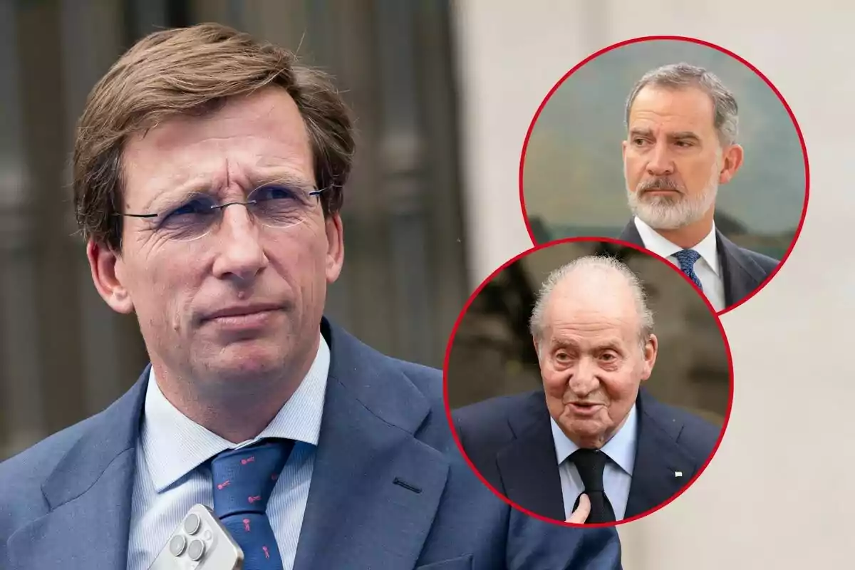 Muntatge d'un primer pla de José Luis Martínez-Almeida seriós en vestit blau, Felip VI seriós mirant de banda en vestit gris i Joan Carles I somrient en vestit negre