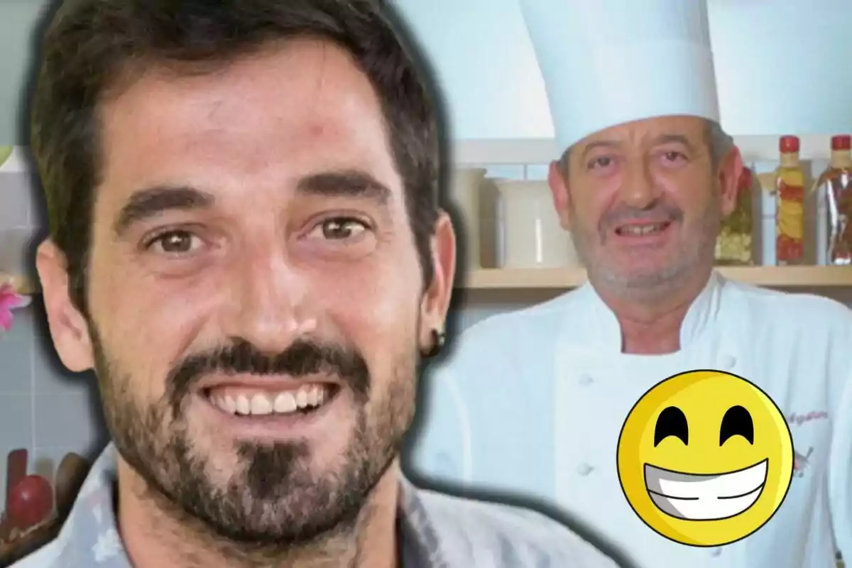 Joseba Arguiñano i Karlos Arguiñano somrients, un amb barba i l'altre amb uniforme de xef i barret, al costat d'un emoji somrient.