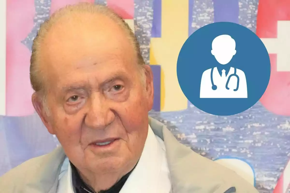 Joan Carles I amb un fons acolorit i una icona de metge a la cantonada superior dreta